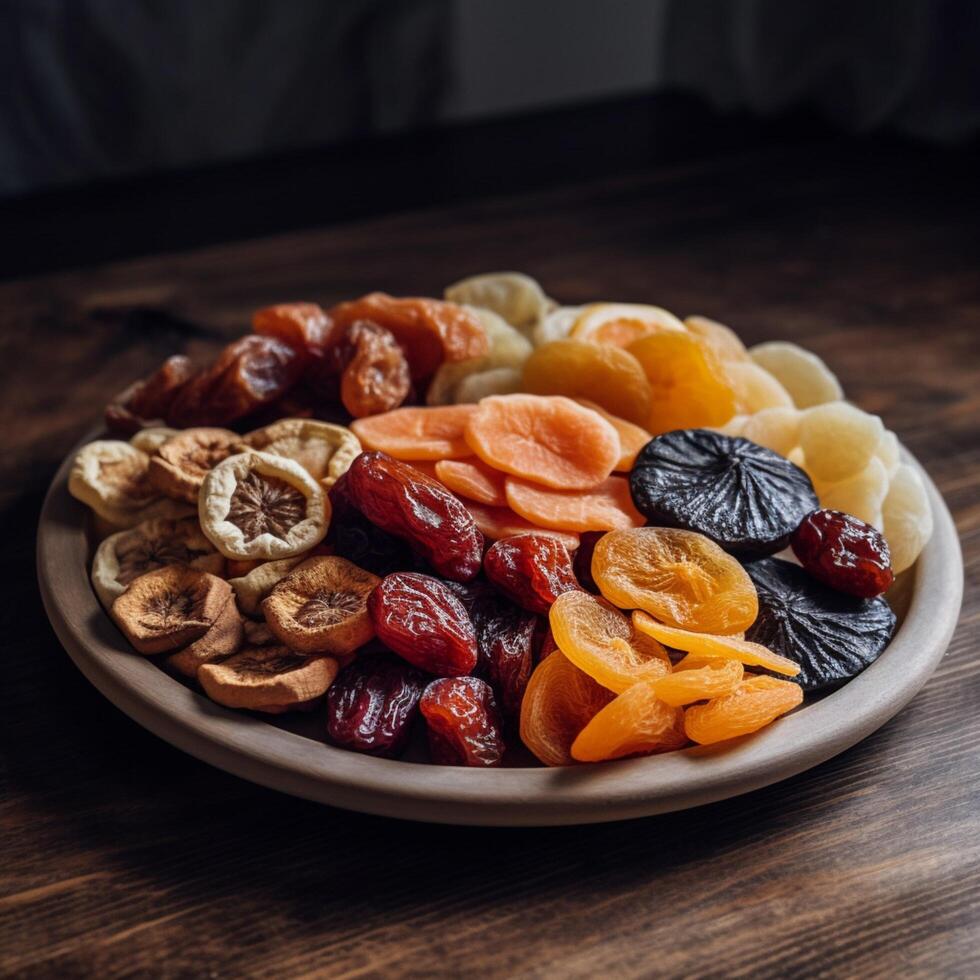 un plato de seco frutas ai generado foto