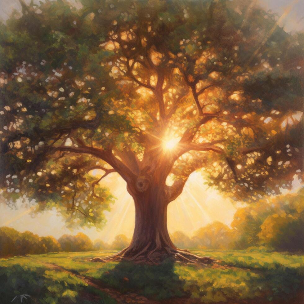 A painting of a tree with a sunshine on it photo