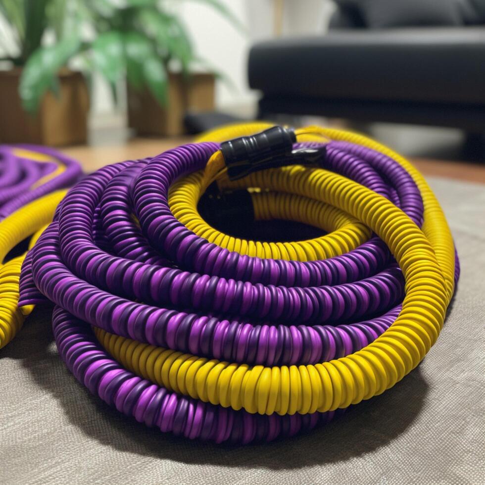 A purple and yellow hose is laying on table photo