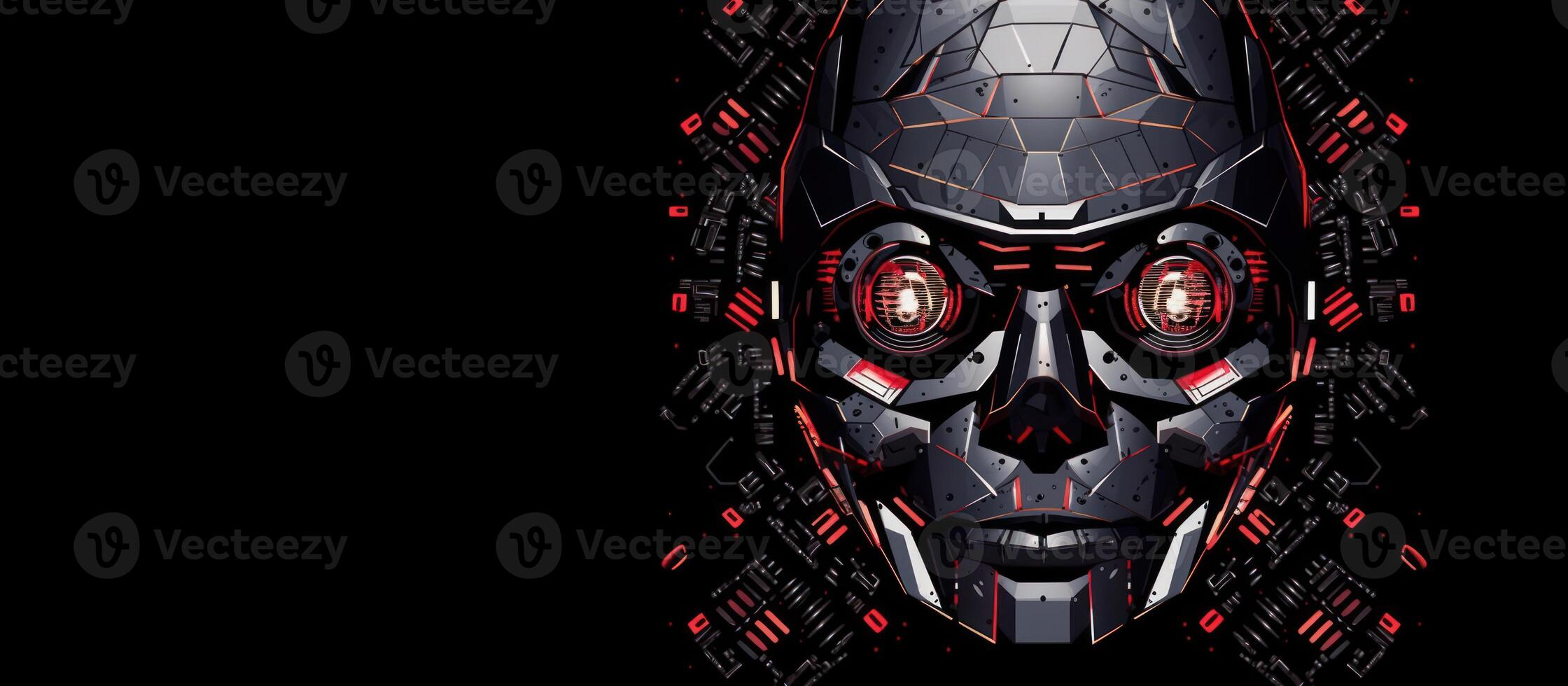 white robot head face binary code logo artificial intelligence copy space on dark background photo