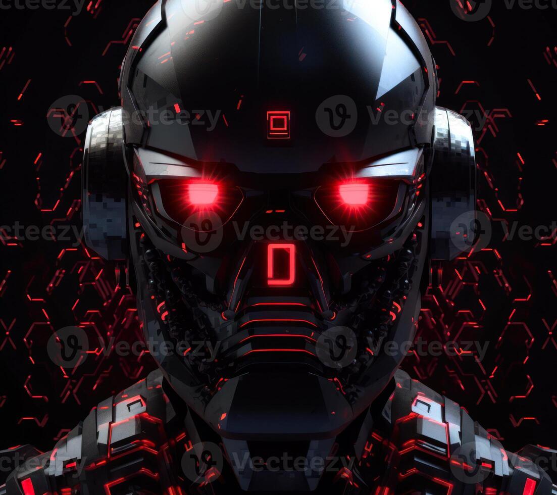 robot head face with red eyes logo sticker print black background photo
