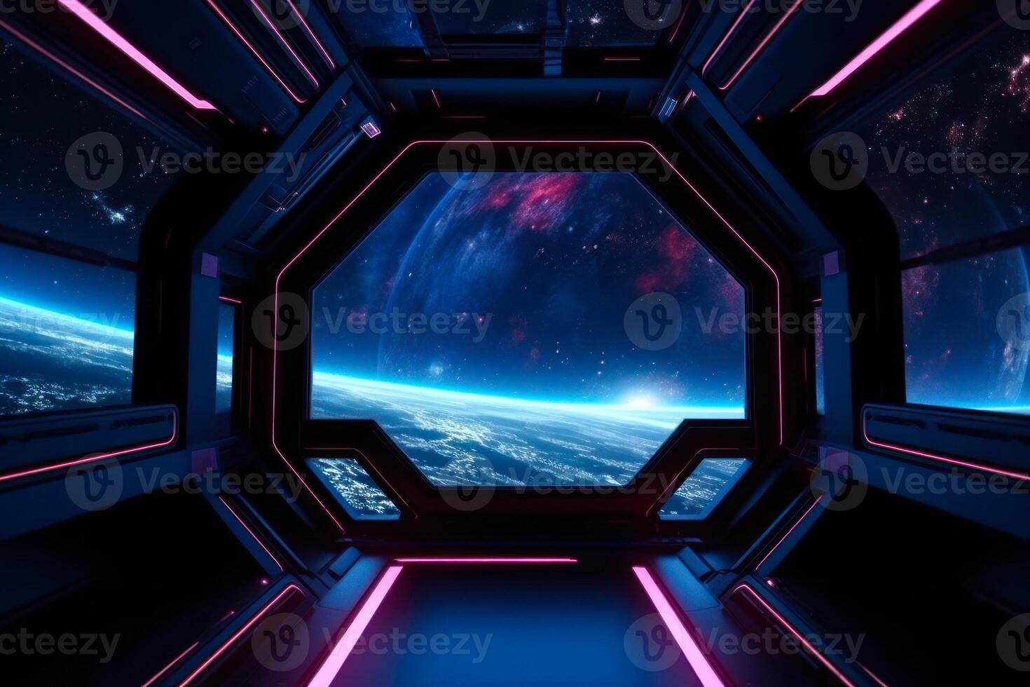 ciencia ficción monitor escena, espacio desde el ventanas de un astronave generativo ai foto