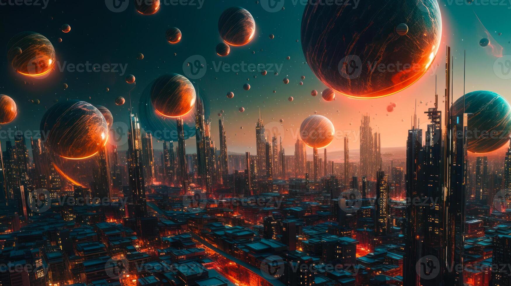 futuristic urban city, psychedelic abstract cityscape planet on future photo