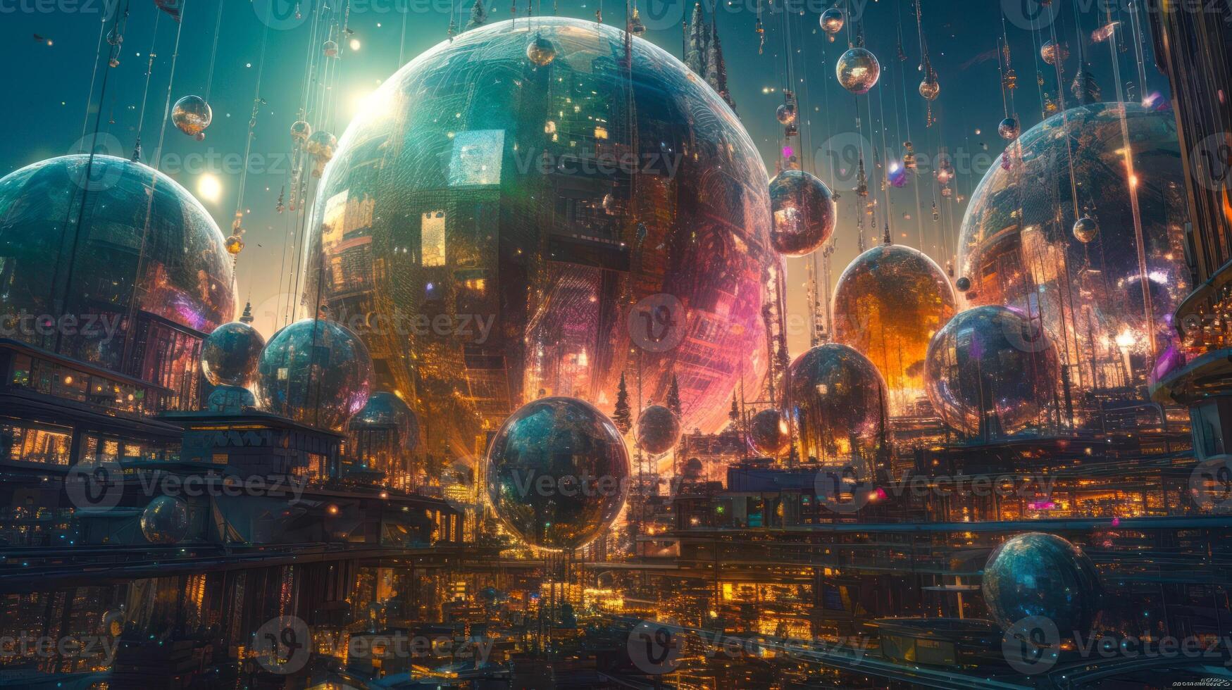 futuristic urban city, psychedelic abstract cityscape planet on future photo