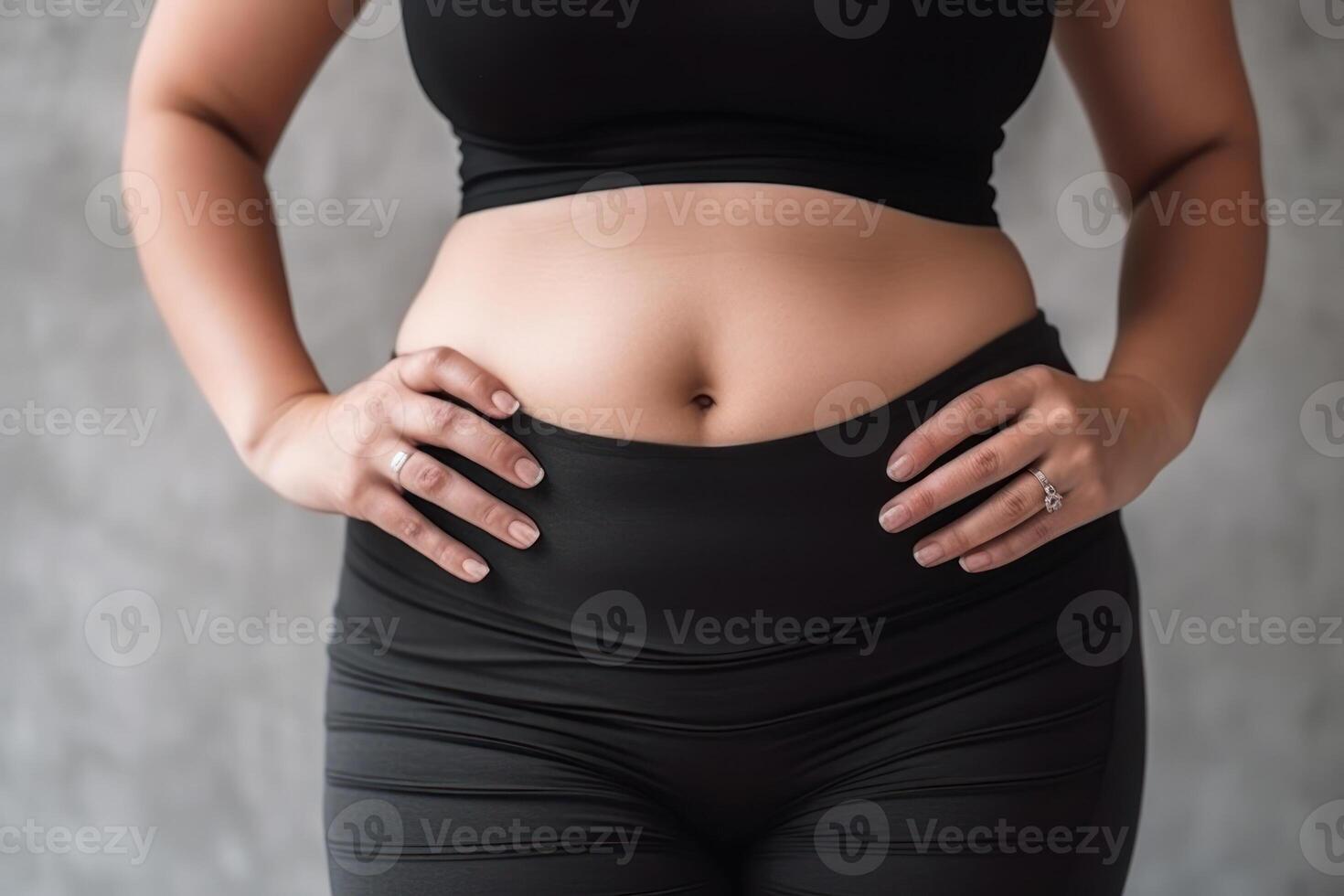 exceso de peso mujer en ropa de deporte con templado obesidad participación su estómago generativo ai foto