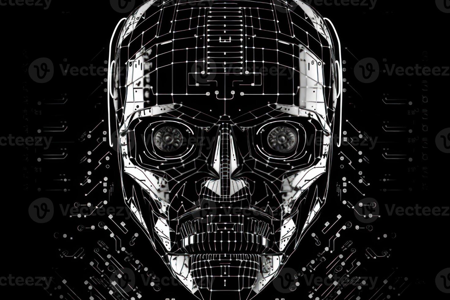 white robot head face binary code logo artificial intelligence photo