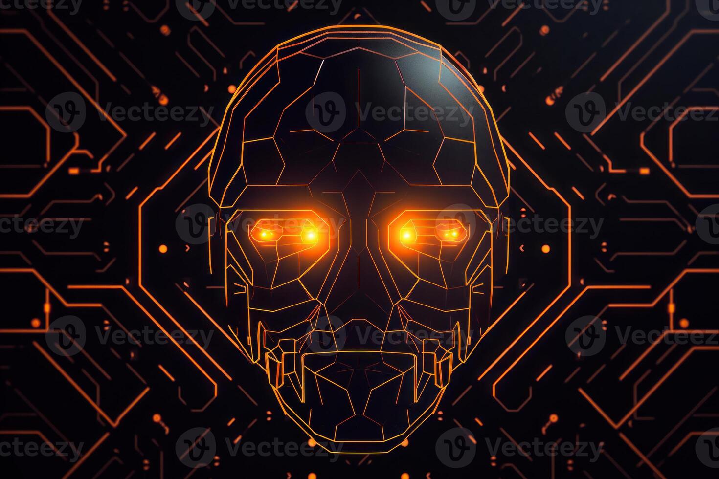 futuristic logo orange robot head glowing eyes photo