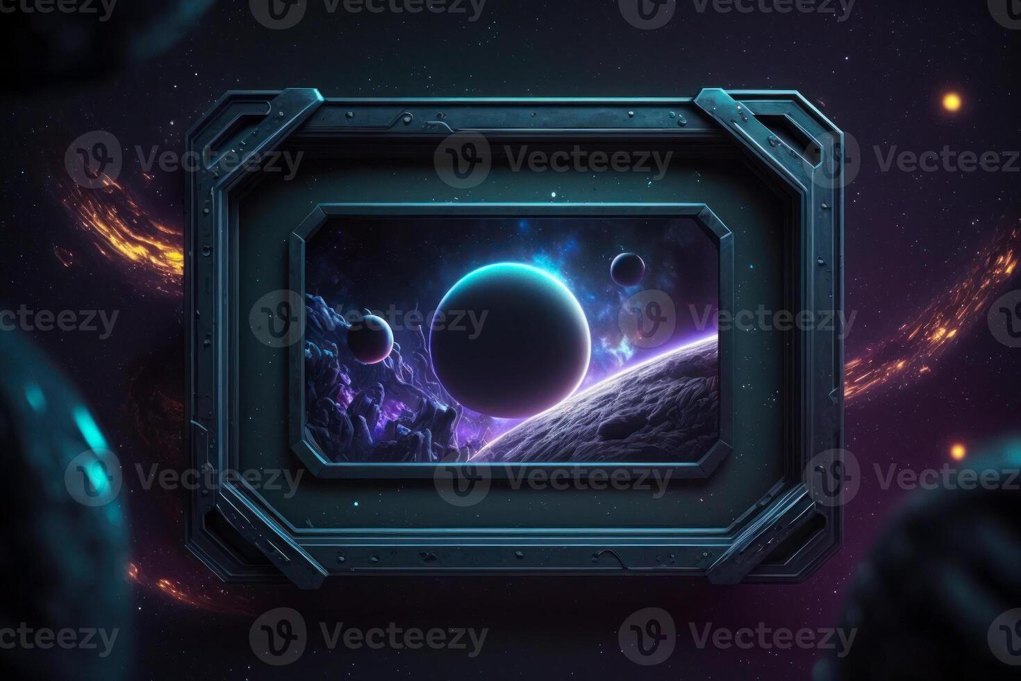 horizontal sci-fi space glow frame mockup neon purple blue lights photo