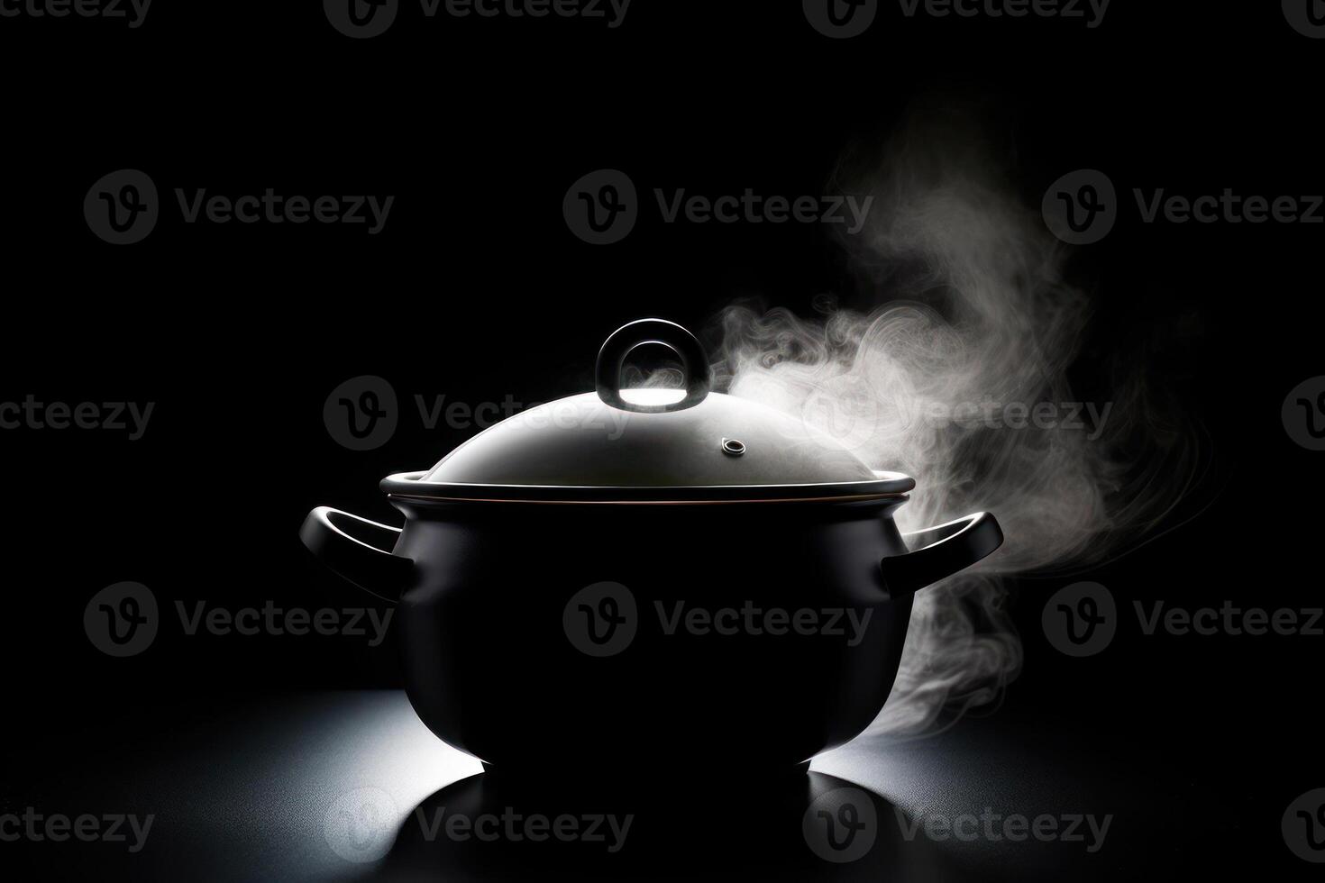 steaming pot in dark logo, steam over saucepan photo