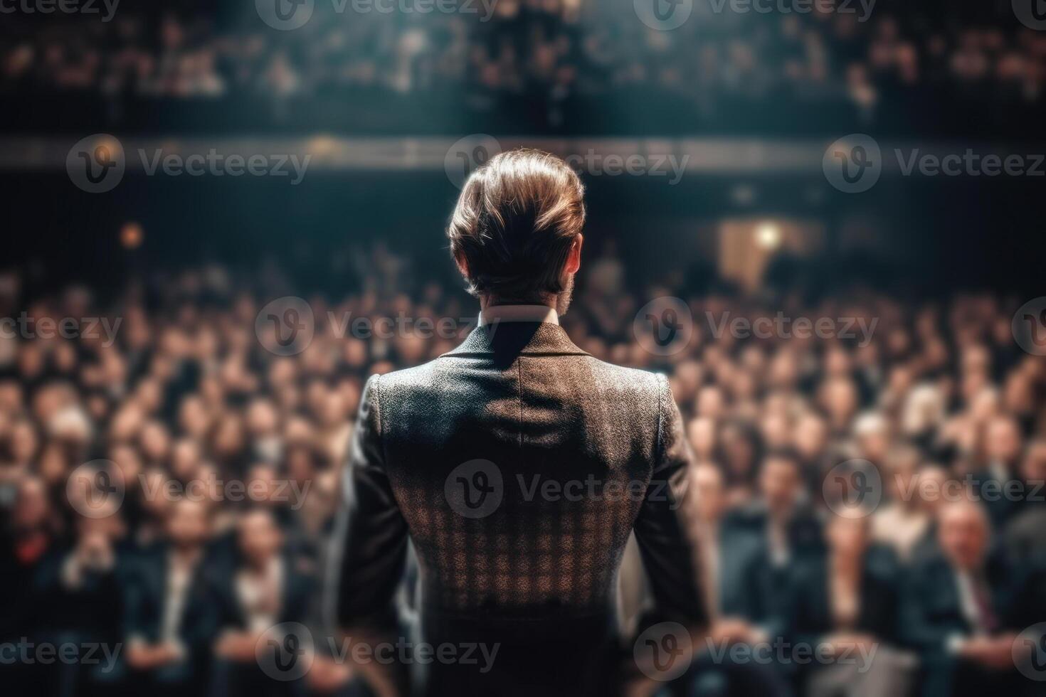 a woman speaks to a large audience in the hall presentation business