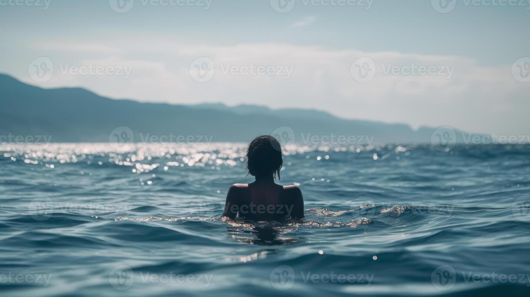 negro niña nada en el mar espalda ver generativo ai foto