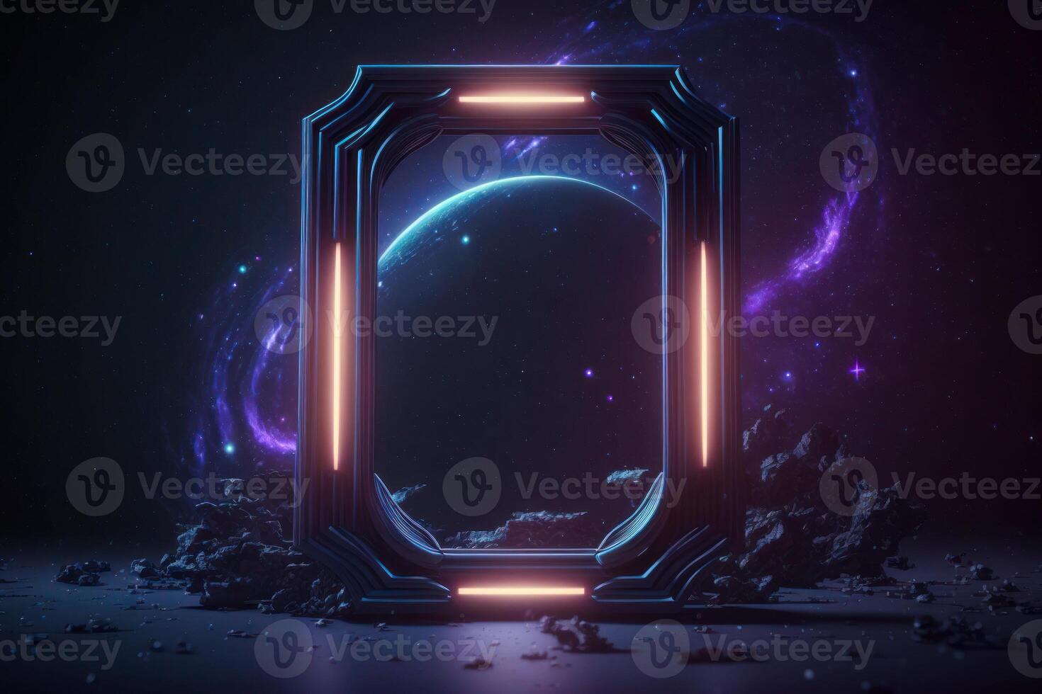 vertical sci-fi space glow frame mockup neon purple blue lights photo