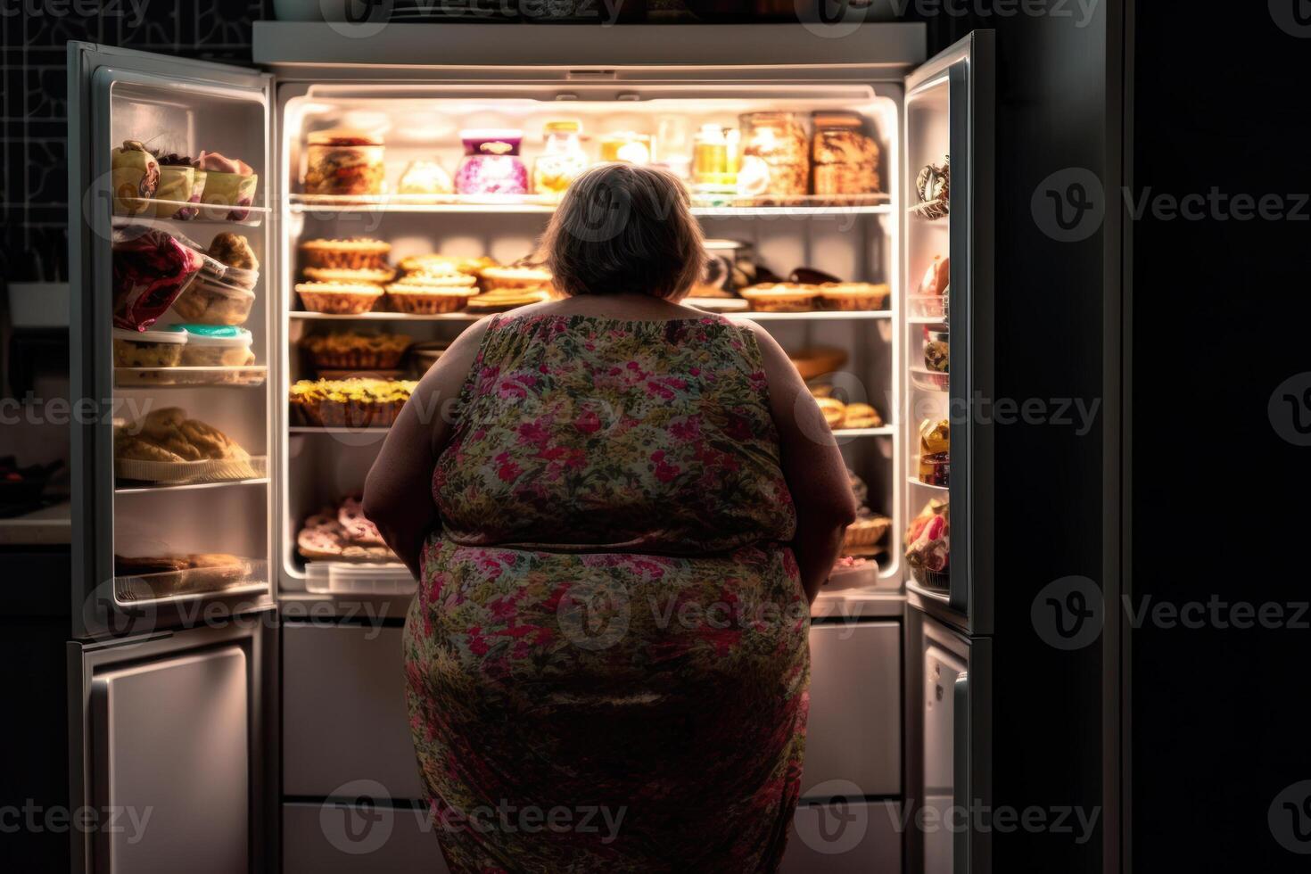 fat woman at the fridge, obesity overweight photo