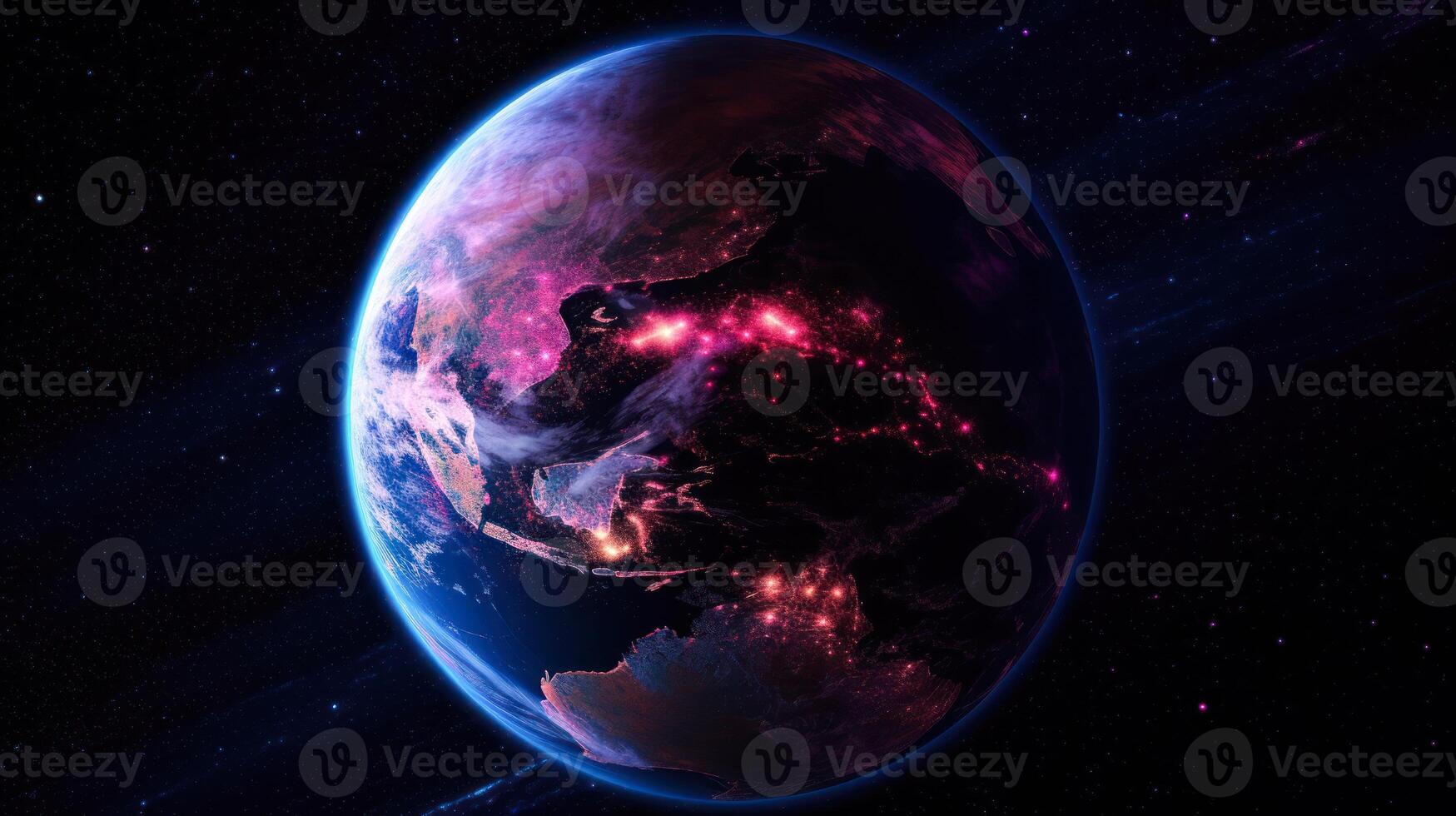 colorful planet earth view from space purple glowing light photo