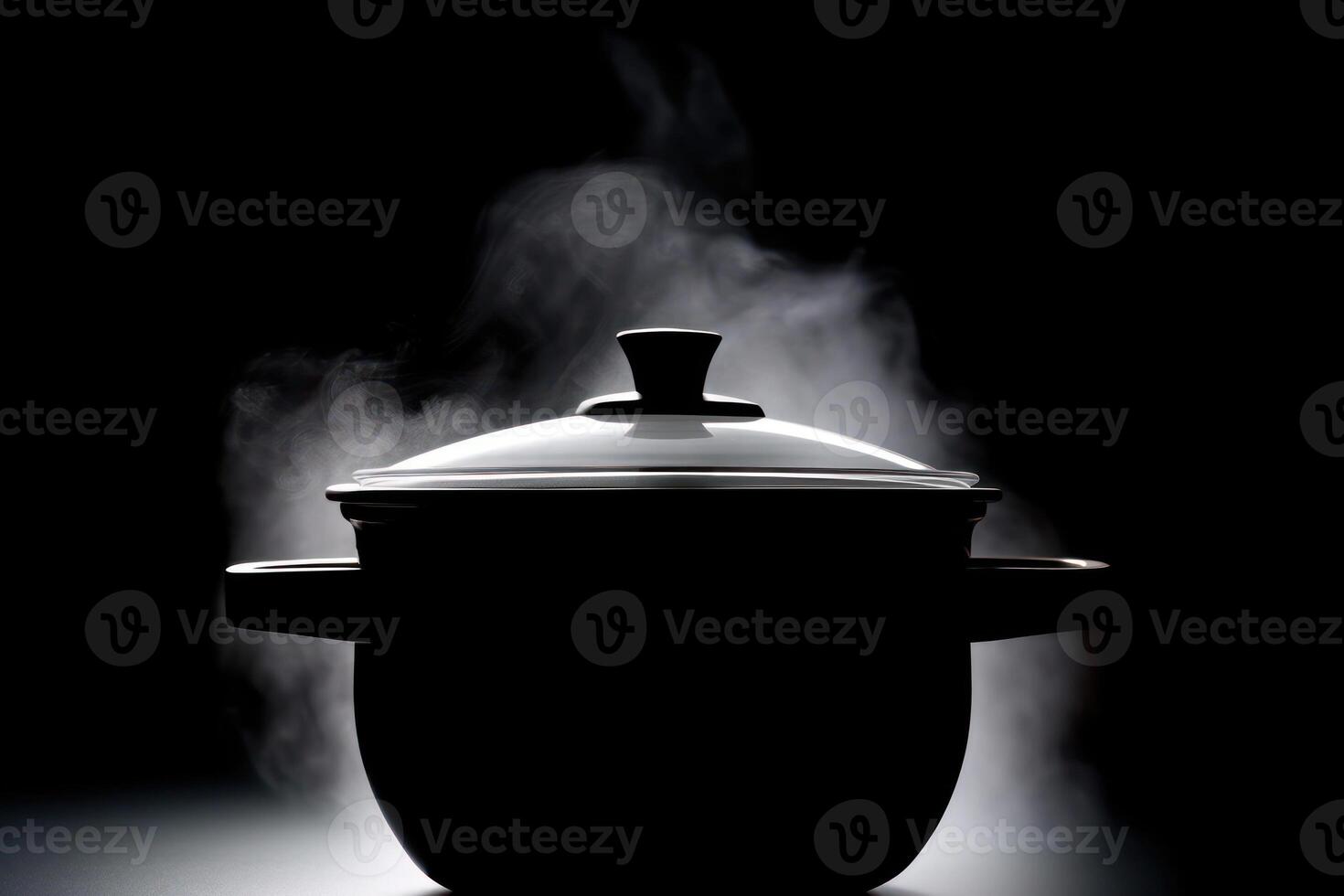 steaming pot in dark logo, steam over saucepan photo