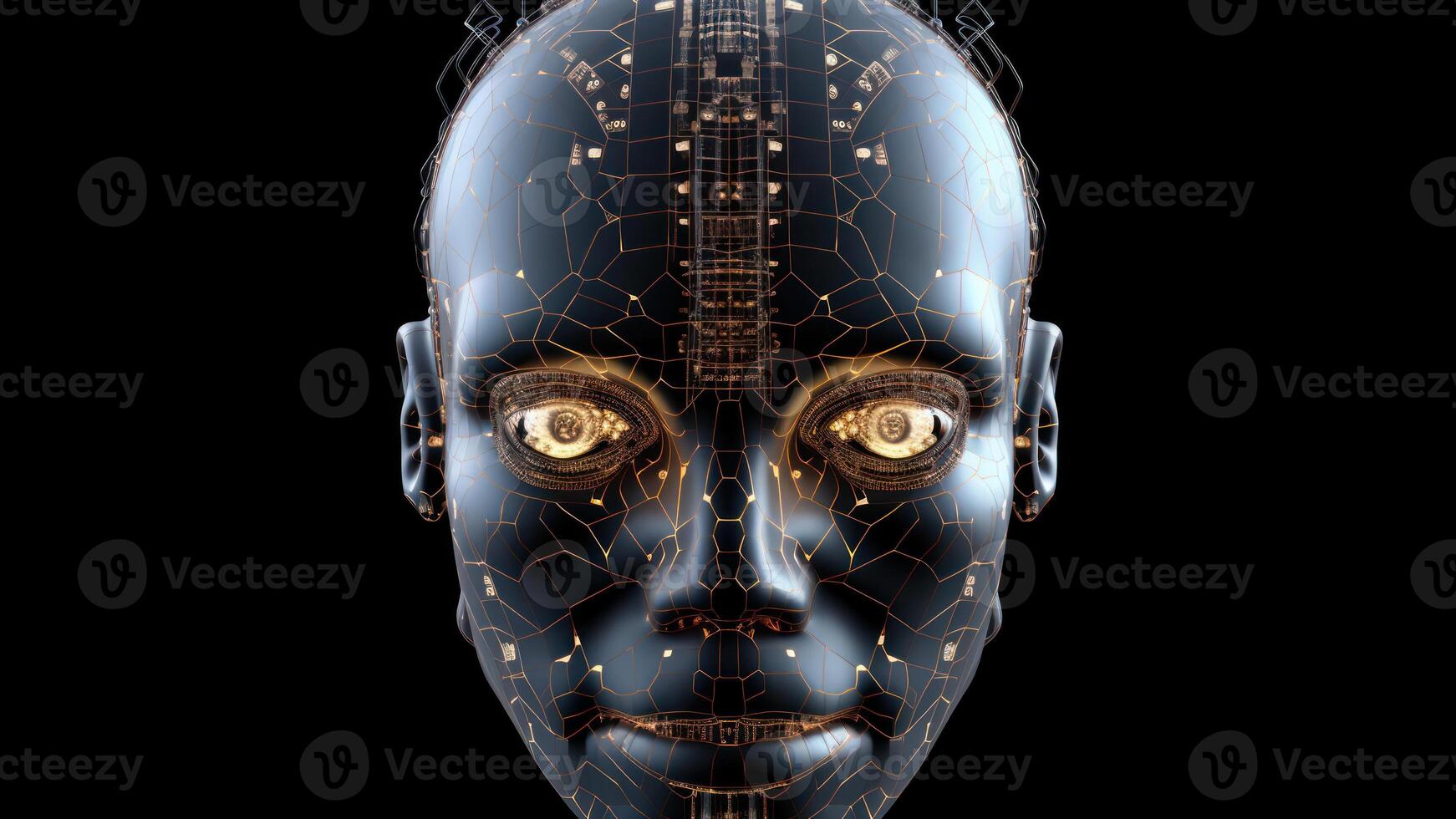 cyborg head artificial intelligence in dark background photo