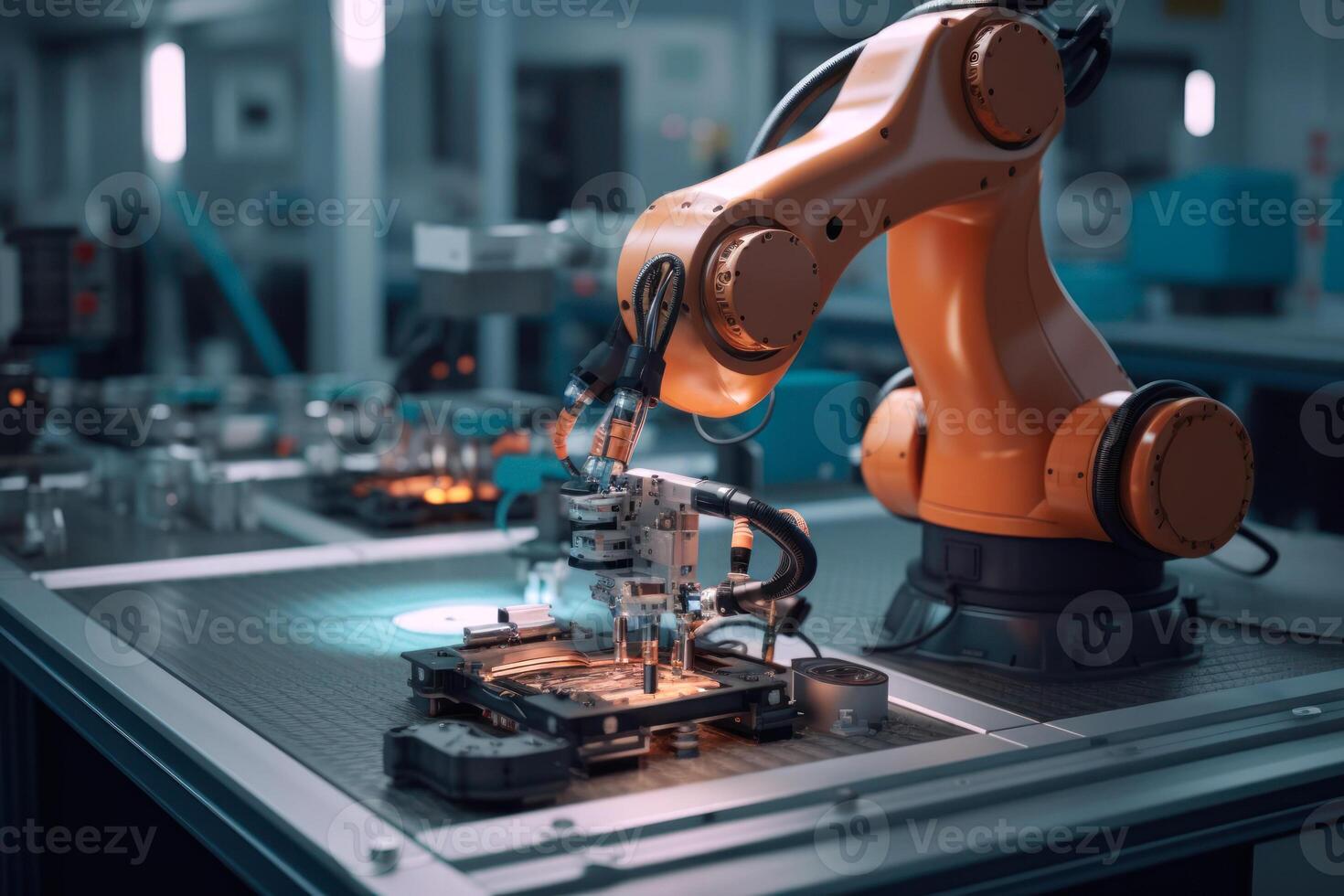 robot arm assembling circuit boards artificial intelligence photo