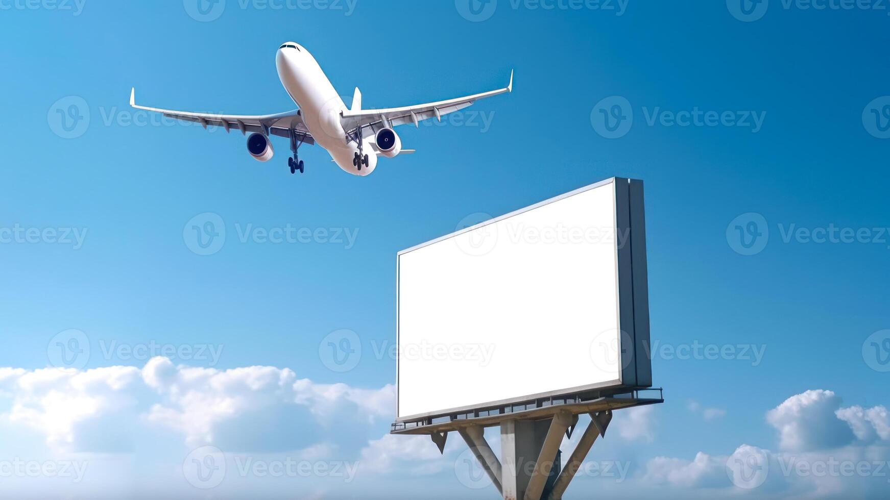 white billboard with empty mockup against the background of a blue sky and a flying plane, photo