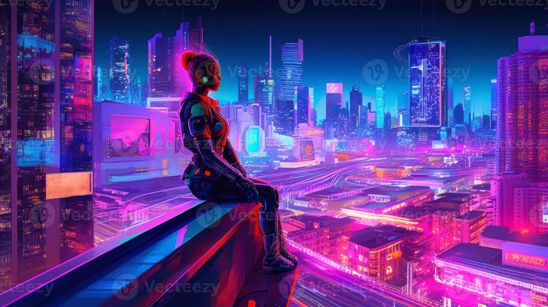 futuristic woman sit on the roof of the house fantasy city world cyberpunk photo