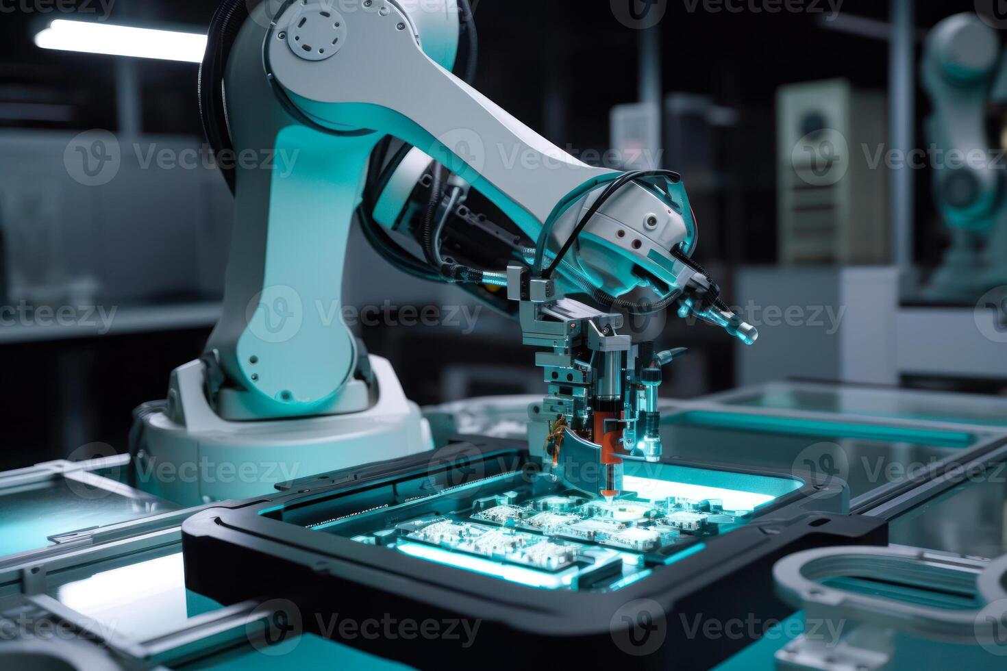 robot arm assembling circuit boards artificial intelligence photo