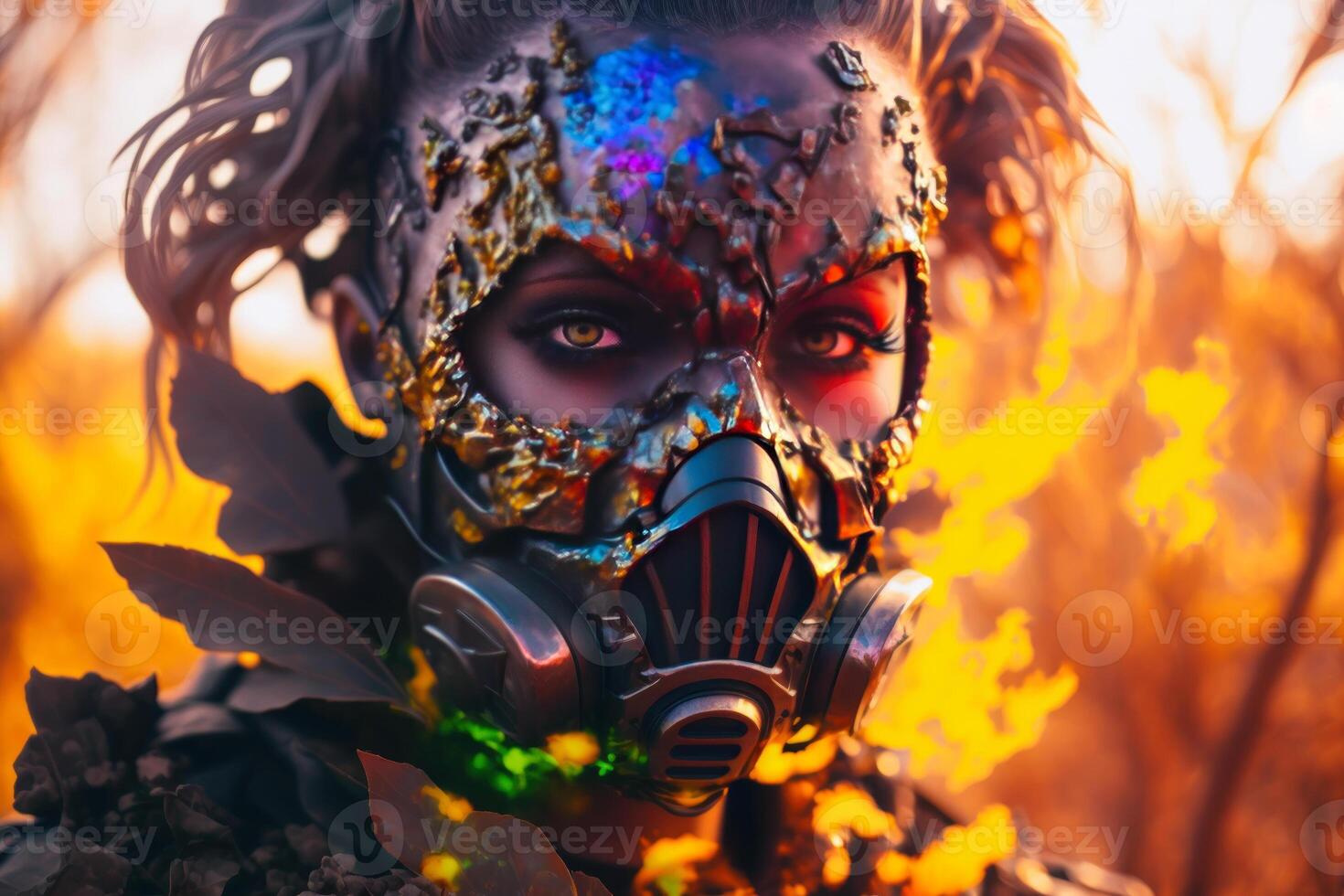 cyborg futuristic fantasy woman with face metal mask on fired yellow background photo