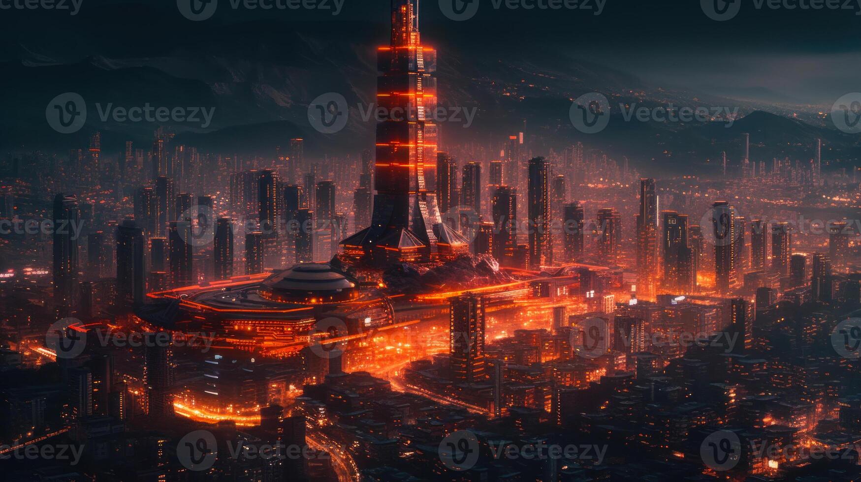 modern futuristic city, night glowing cityscape photo