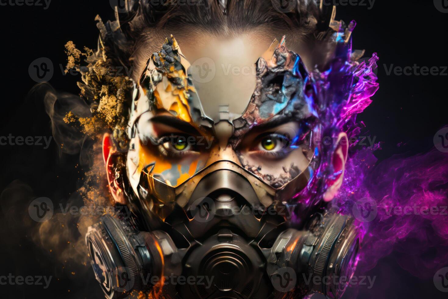 cyborg futuristic fantasy woman with face metal mask on nature background photo