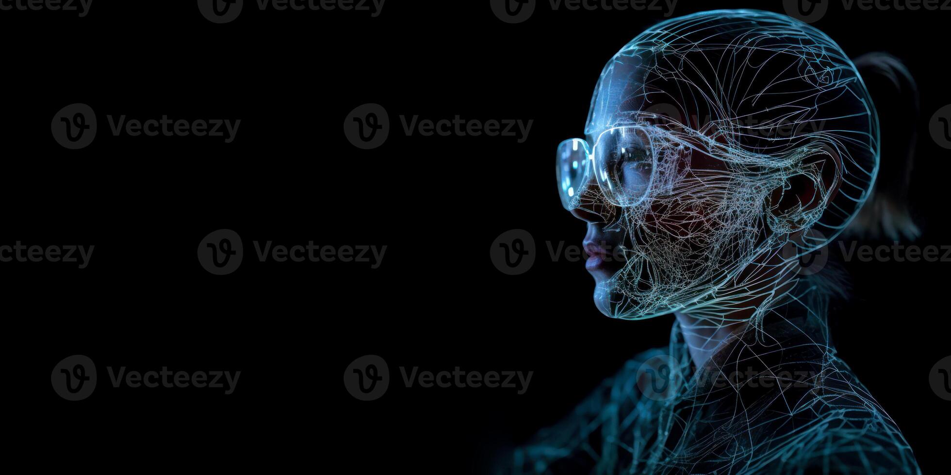 glowing woman head with glasses hologram with copy space future technology photo