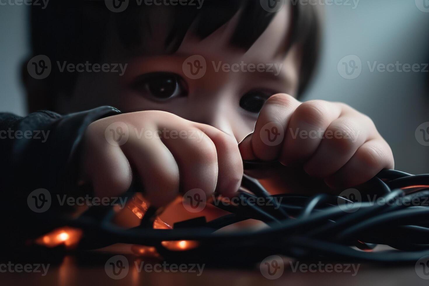 child playing with live electrical wires, safety children danger sign photo