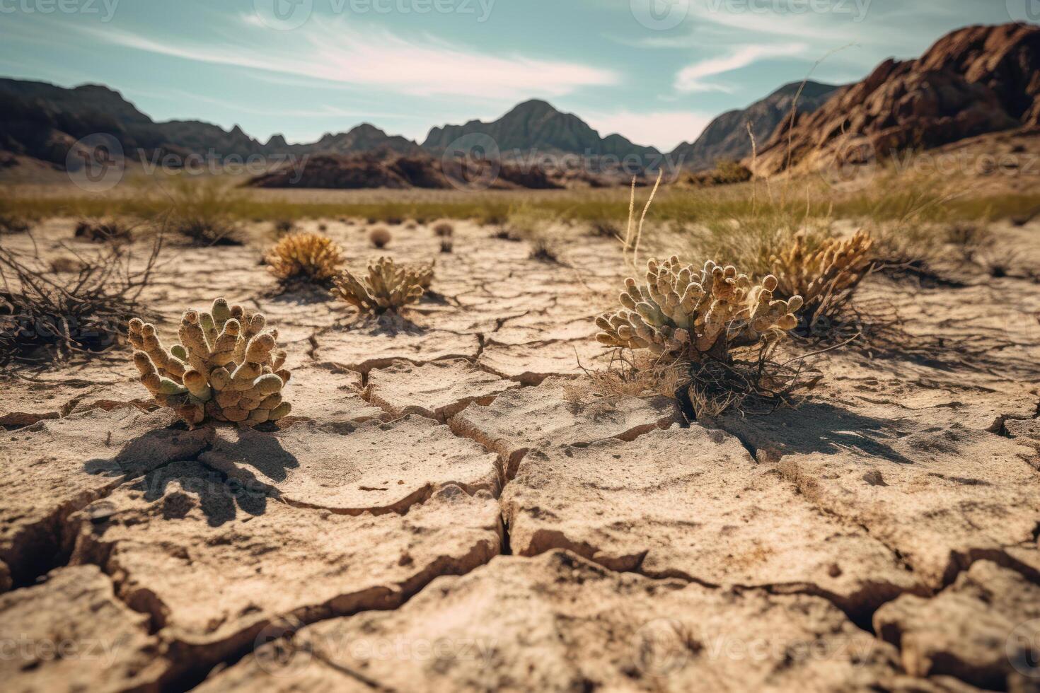 desert plants in drought cracked ground generative ai photo