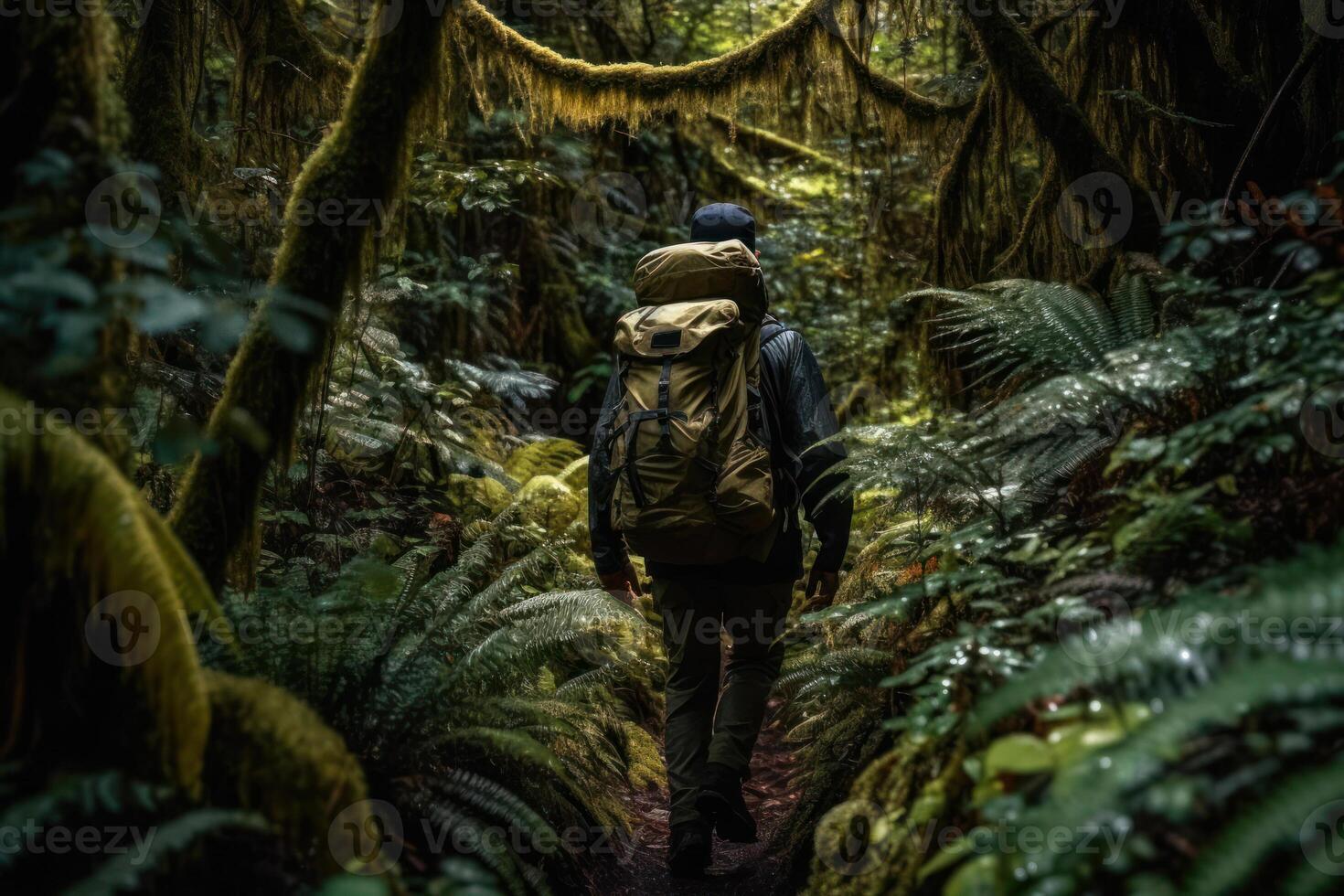 man hike on green jungle forest , active lifestyle study nature photo