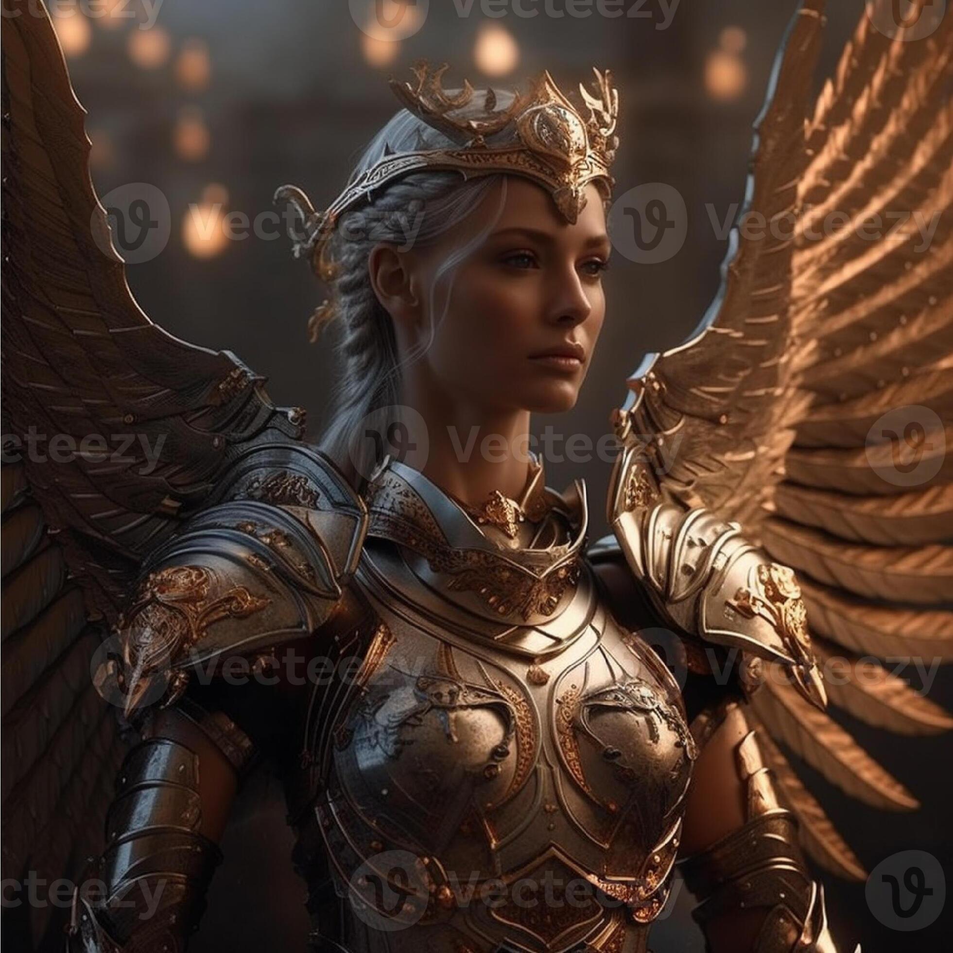 Fantasy female warrior in a golden armor with a crown. Character