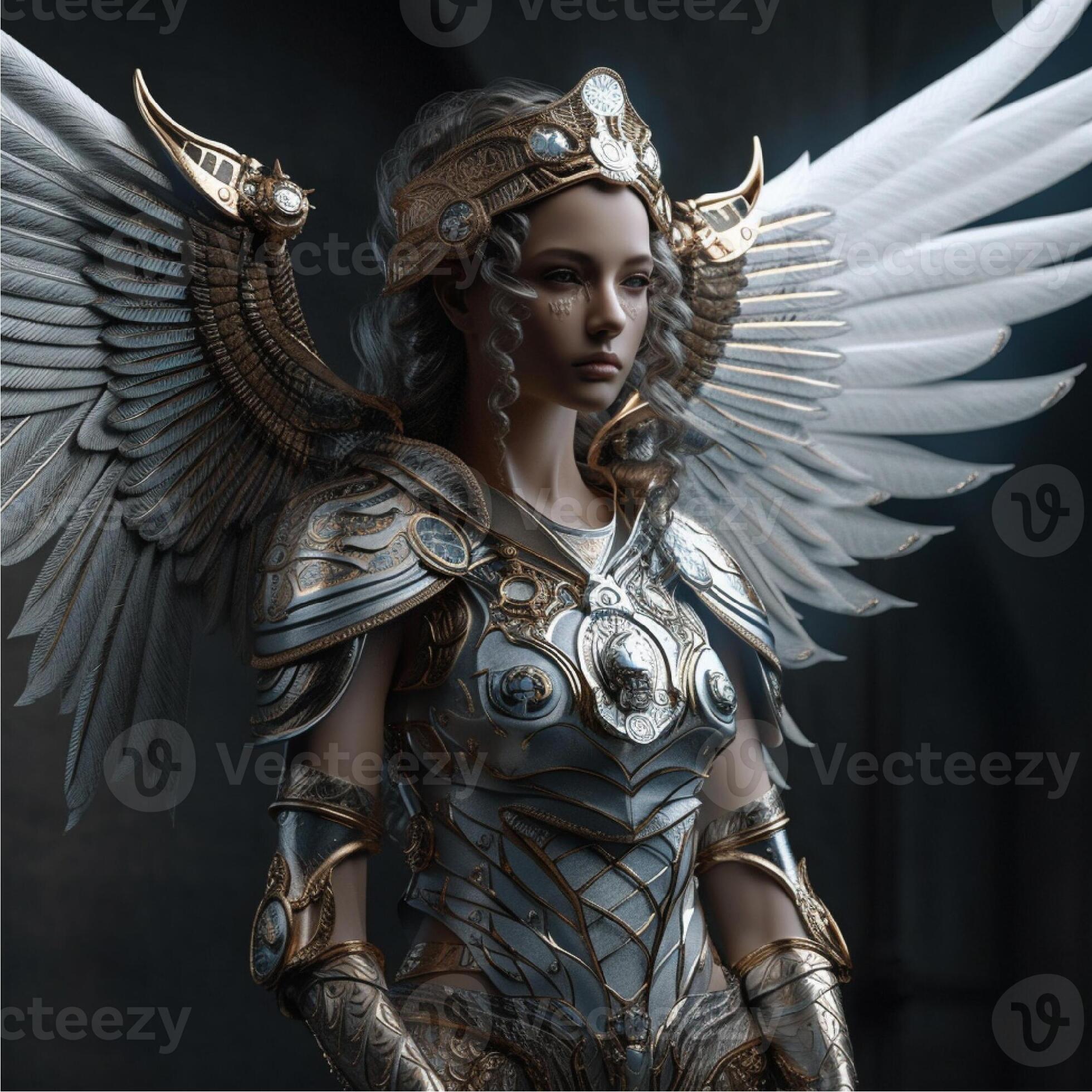 Fantasy female warrior in a golden and silver armor with a crown and