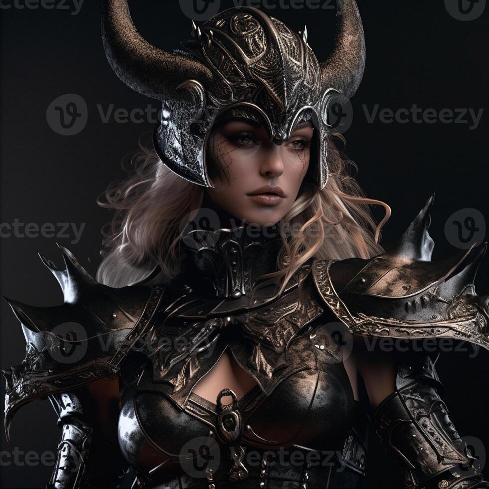 Fantasy goddess of war in an armor with a crown. Warrior character design. photo