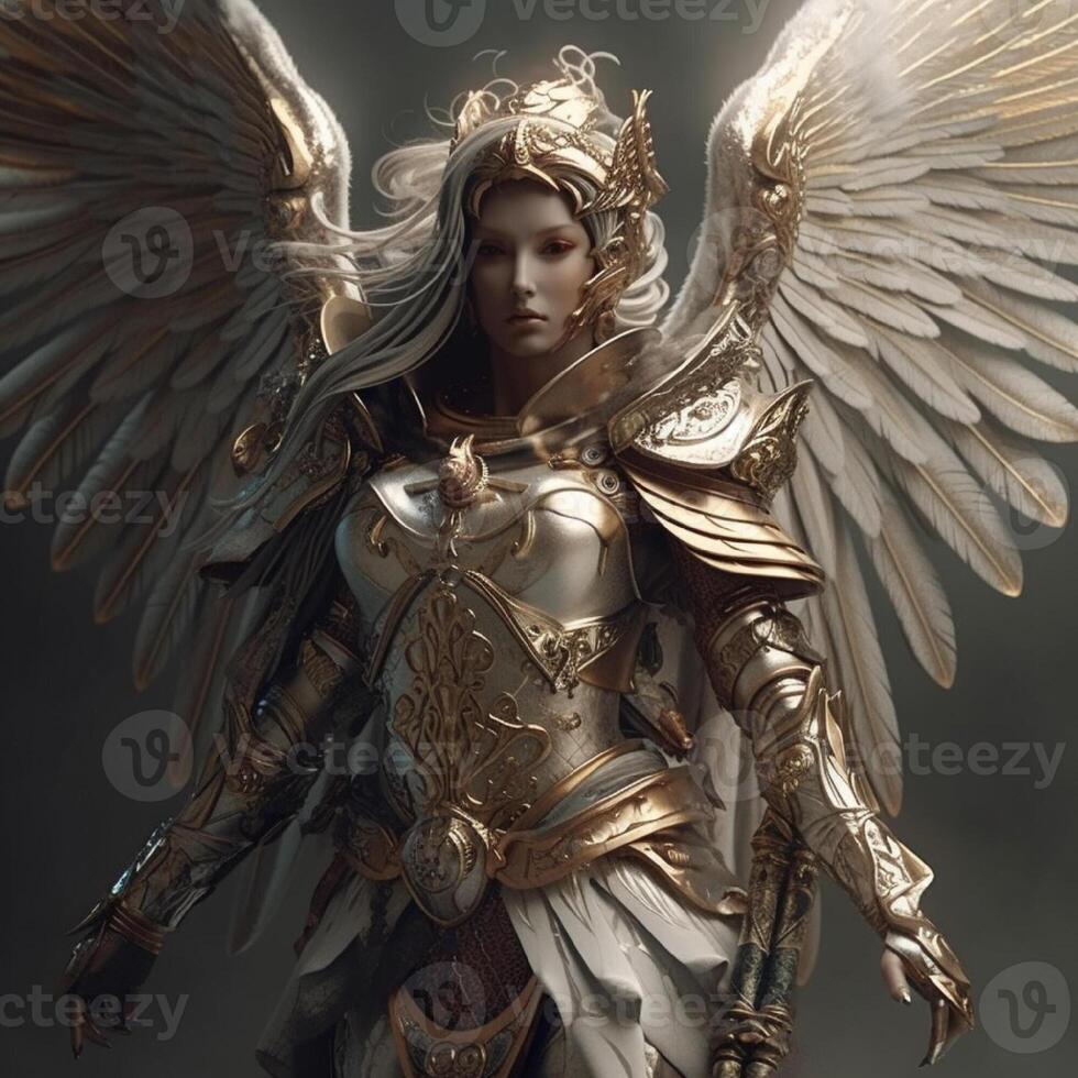 Fantasy female warrior in a golden armor with a crown and wings. Character design. photo