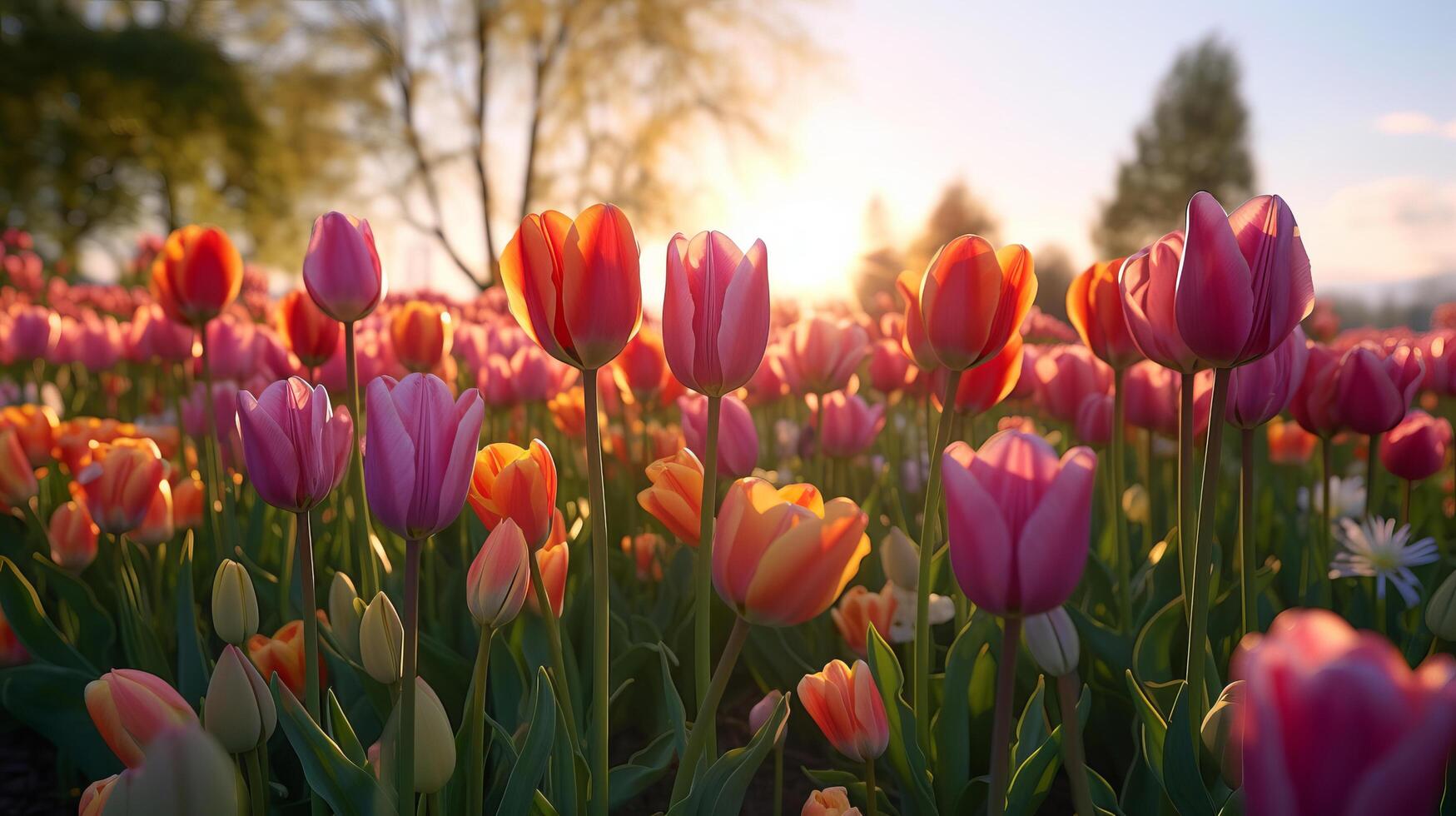 Tulips flower field. Illustration photo