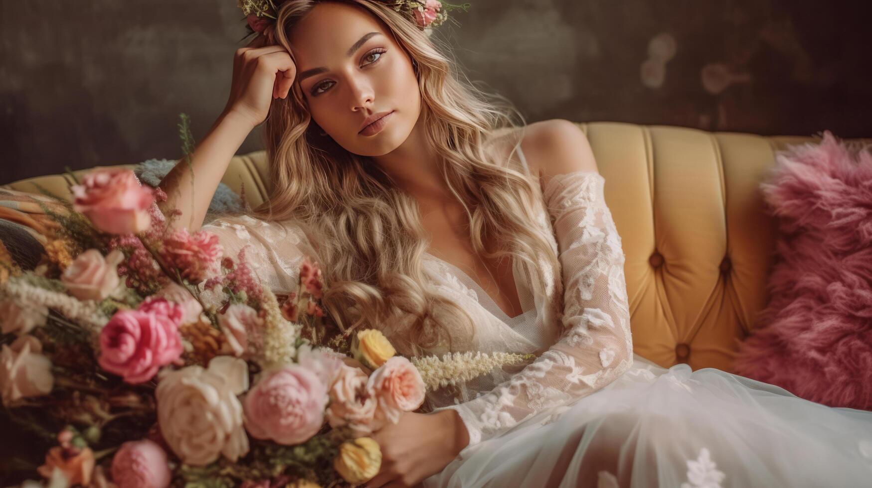 Bride sitting with flowers. Illustration photo