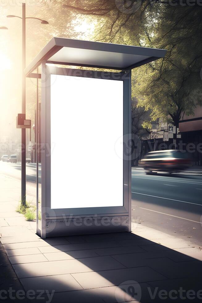 content, Vertical blank white billboard at bus stop on city street. Mock up. Poster on street next to roadway. photo