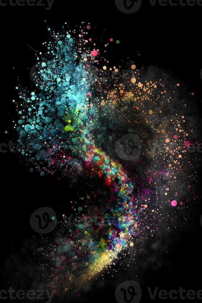 content, Multicolor powder explosion on black background. Colored cloud. Colorful dust explode. Paint Holi. photo