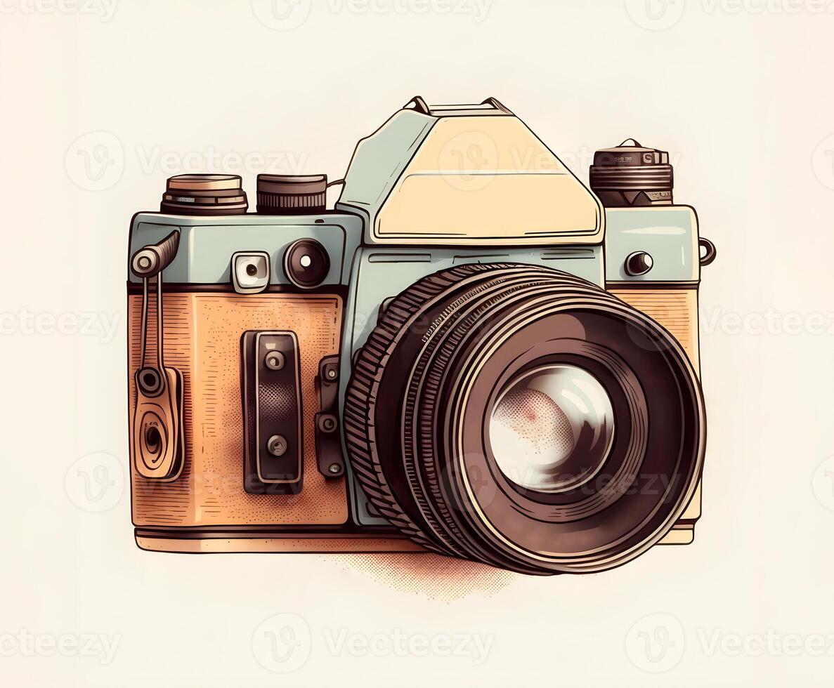 content, Retro camera in cartoon style isolated on white background. isolated object photo