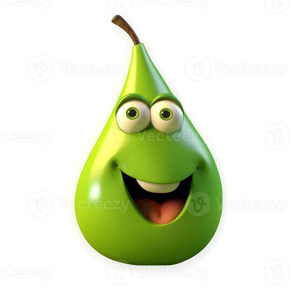 content, Cartoon fruit character, lucky pear, with face and eyes isolated on white background. Fruit series. photo