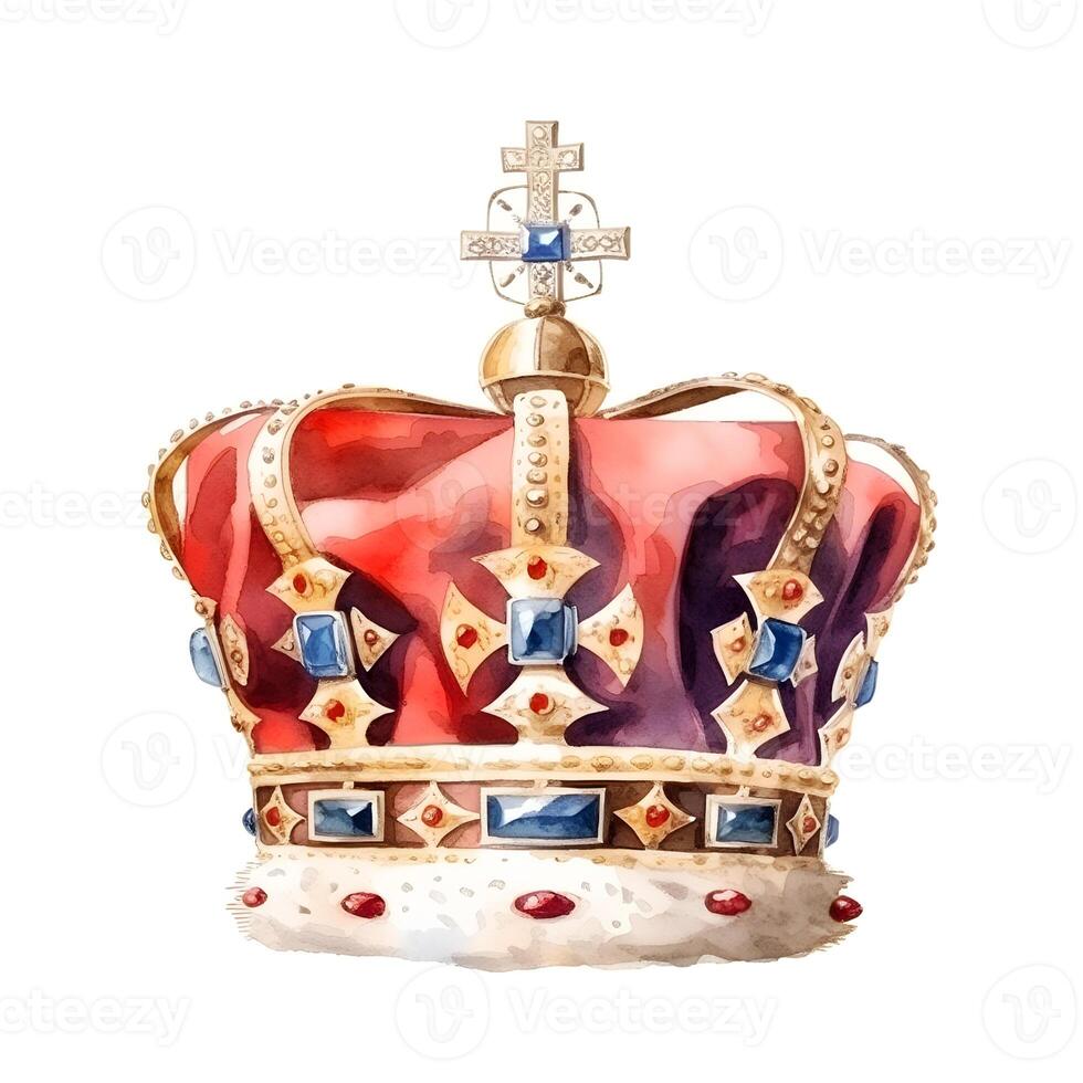 content, Royal Gold Crown with gems on white background. watercolor illustration, isolated object. photo