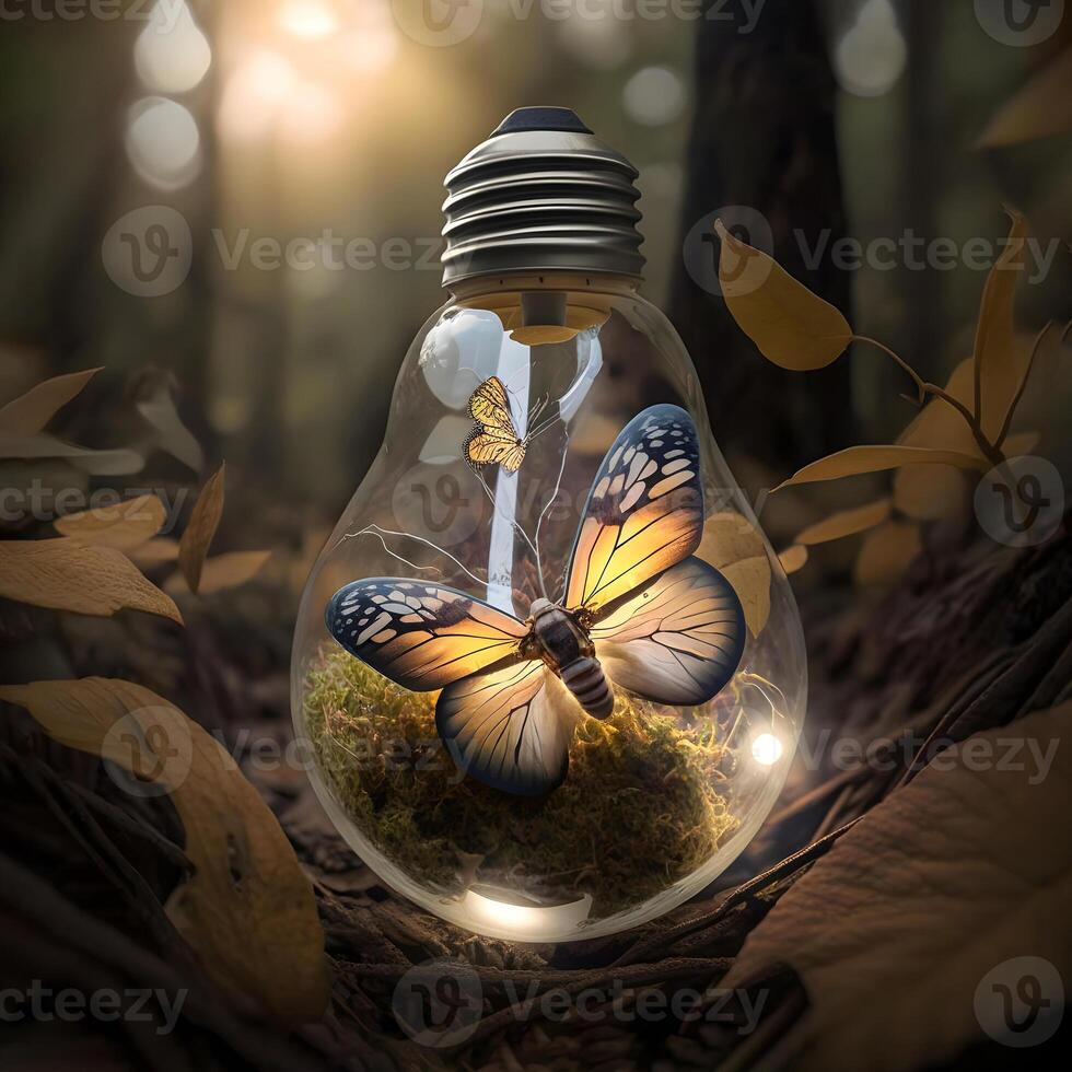 content, Earth Day. butterfly in a light bulb against the backdrop of an autumn forest. photo