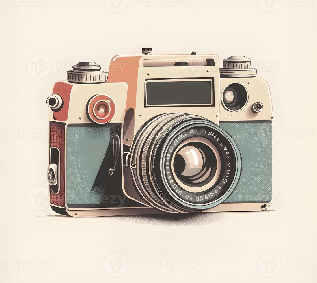 content, Retro camera in cartoon style isolated on white background. isolated object photo