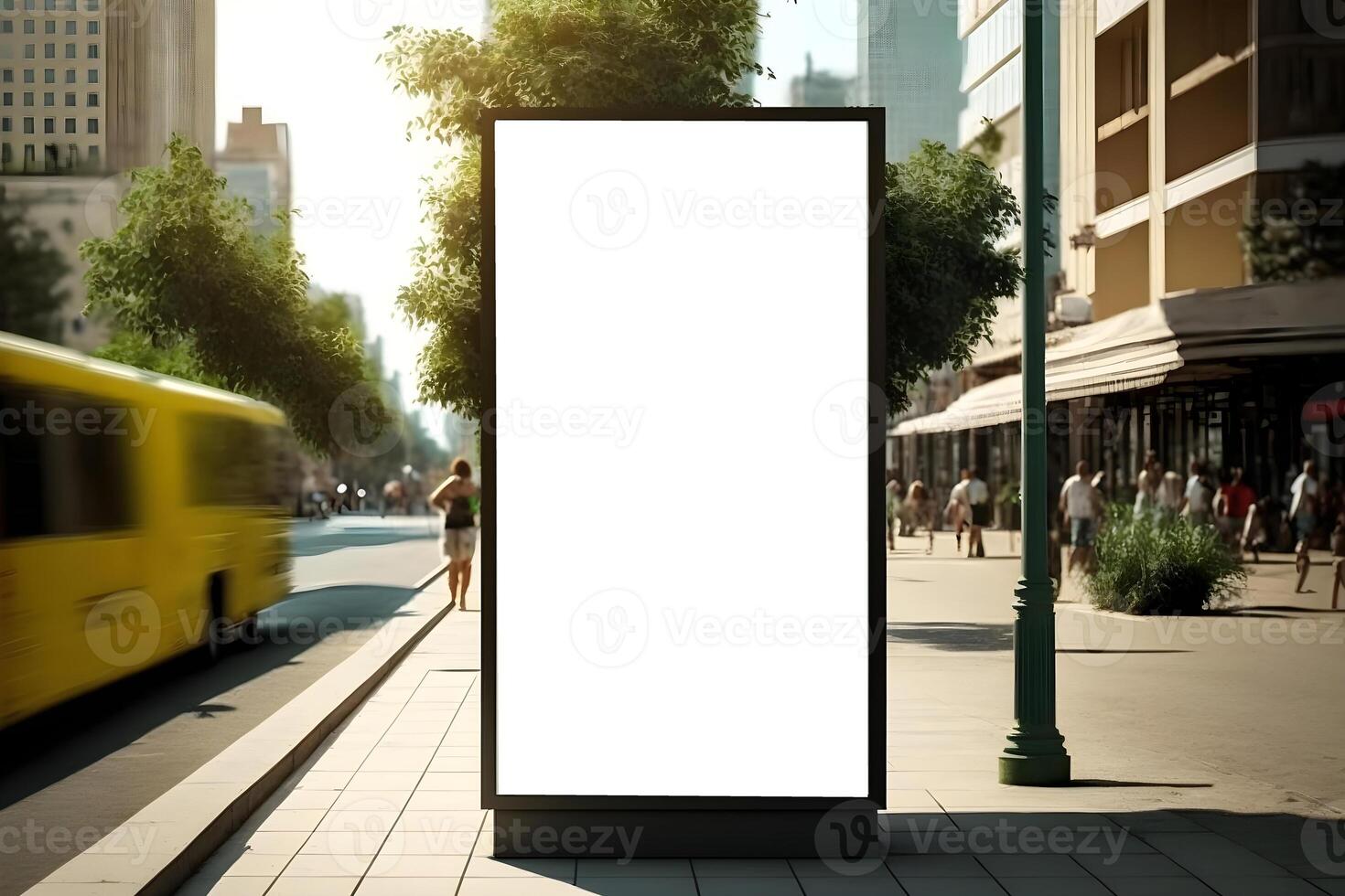 content, mockup, vertical glowing advertising banner on city street in summer. photo