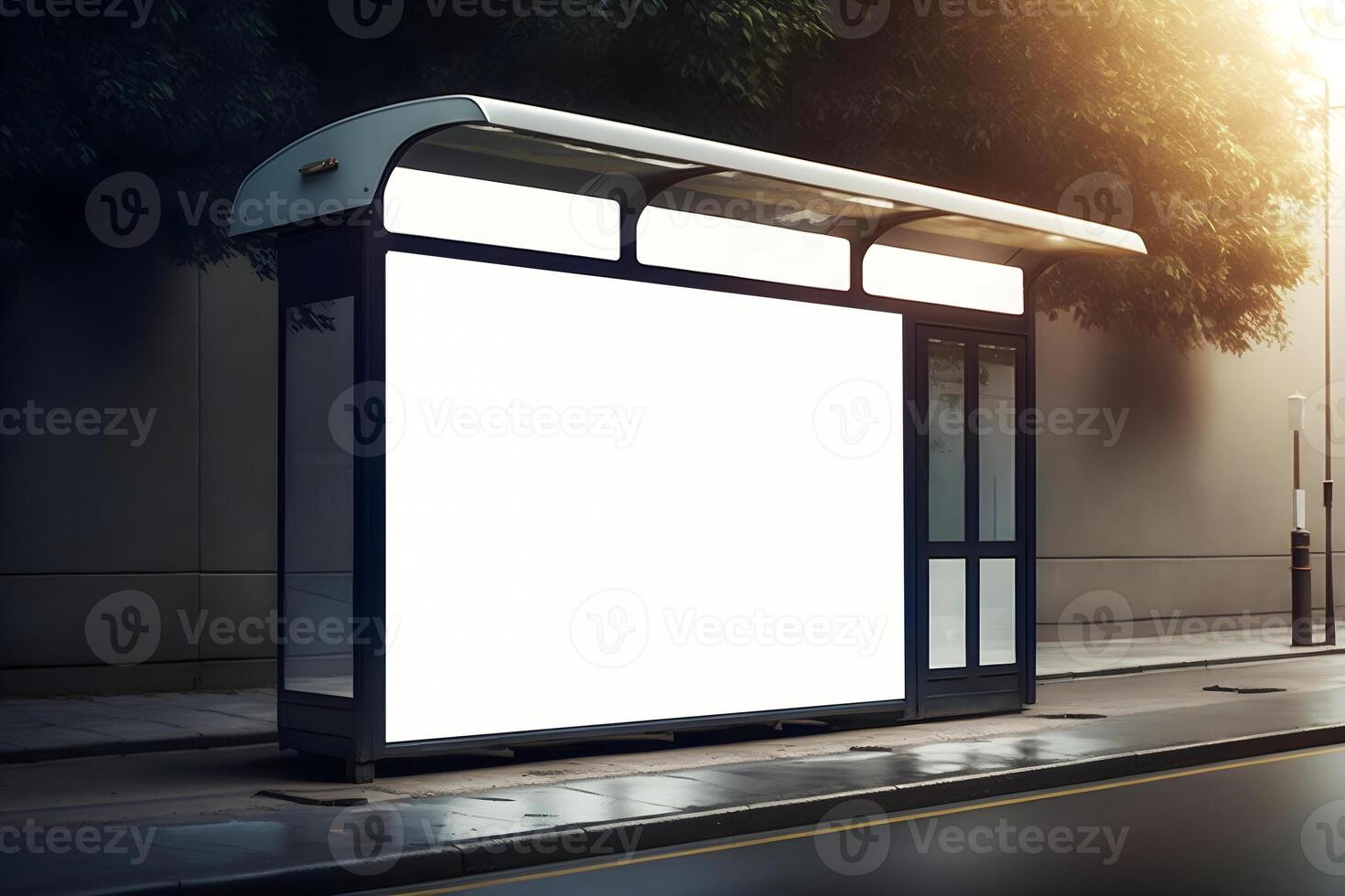 content, Blank white mock up of vertical light box in a bus stop at night photo