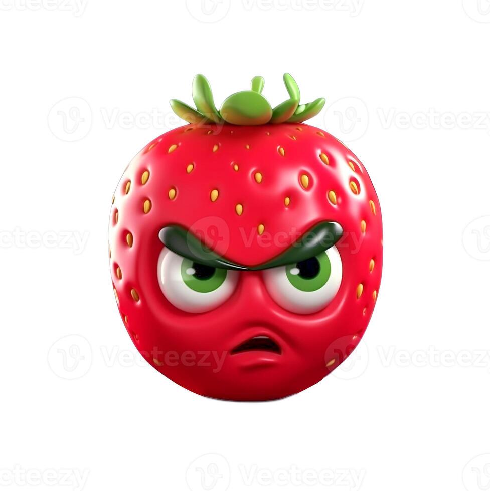 content, Cartoon evil strawberry character with face and eyes isolated on white background. Fruit series. content, photo