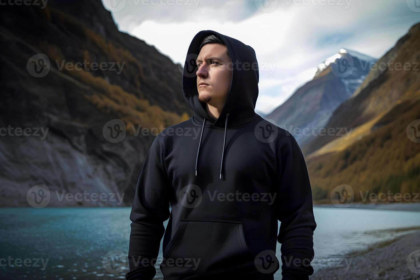 content, a man in a black sweatshirt on the street. mockup for logo, t-shirt design photo