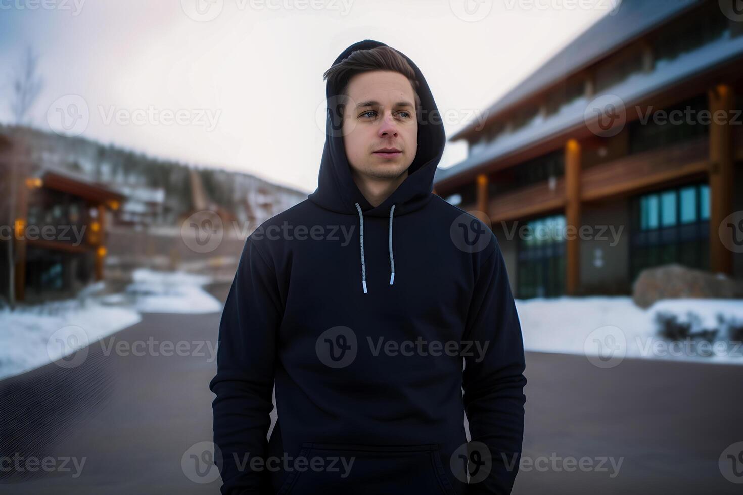 content, a man in a black sweatshirt on the street. mockup for logo, t-shirt design photo
