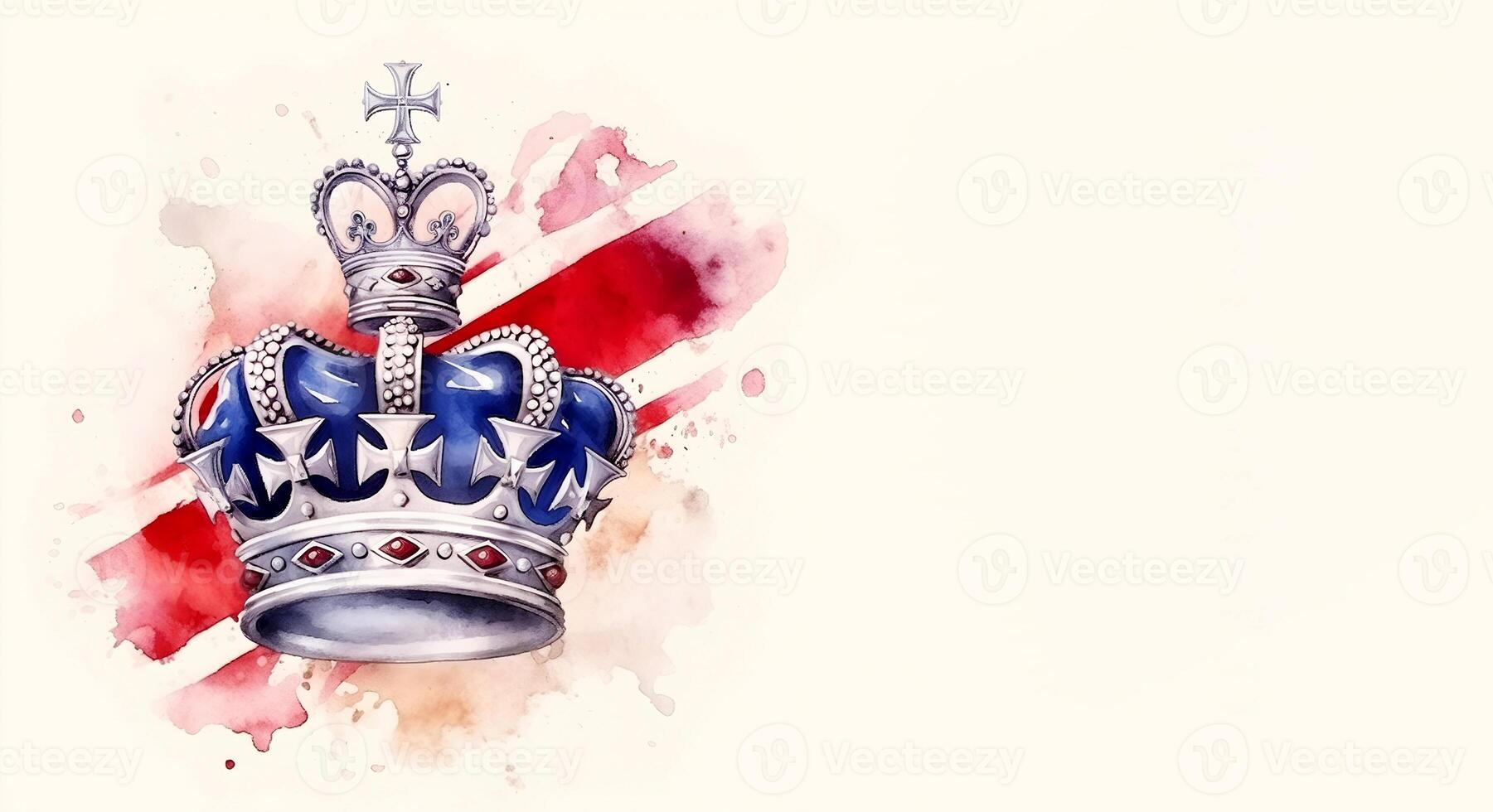 content, Poster with english crown, british flag. Long banner with white space, copy paste. Greeting card. photo
